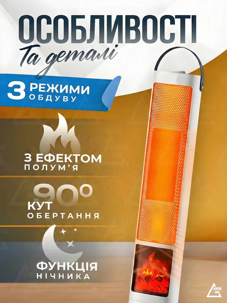 Тепловентилятор з авто-поворотом і нічником, 3 режими, Обігрівач-дуйка 2000W з імітацією каміна, Білий (3386509451) - фото 3