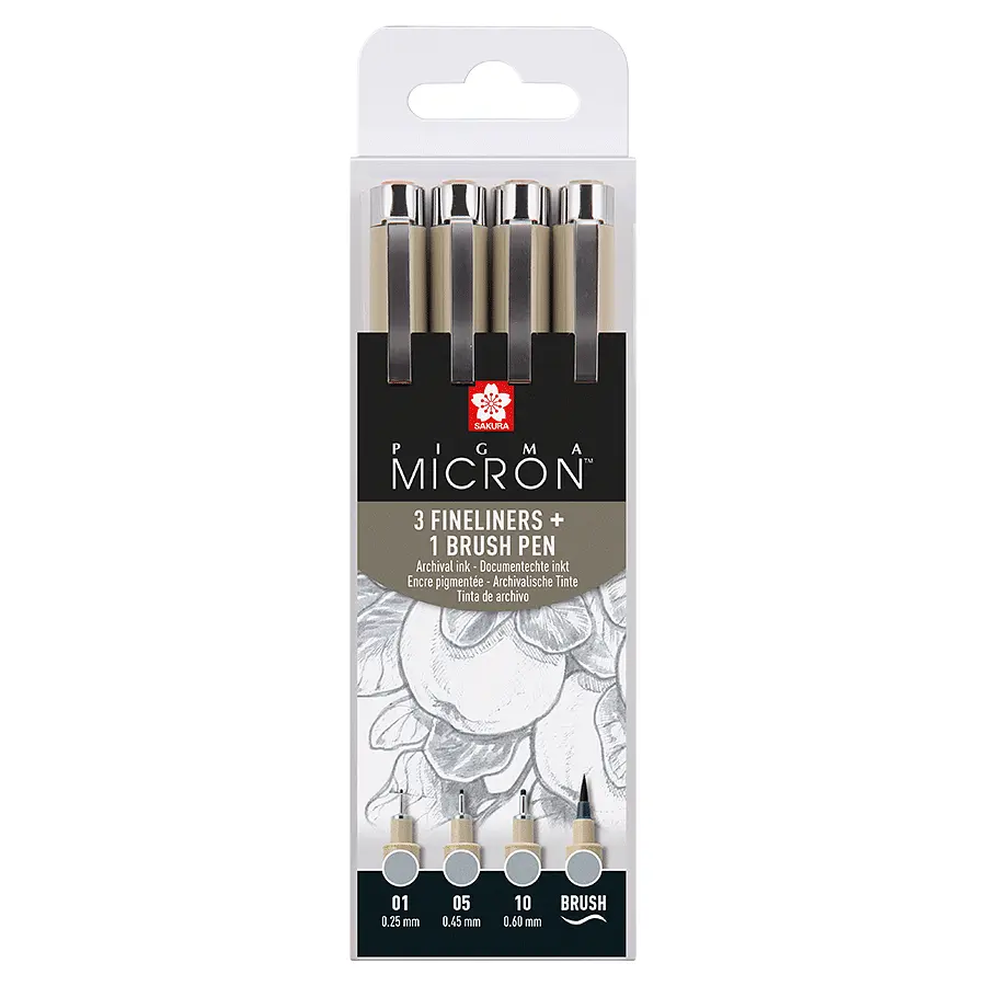 Набір лінерів Sakura PIGMA MICRON 4 шт (0.1/0.5/10/лінер-пензель Pigma Brush), сірий світлий