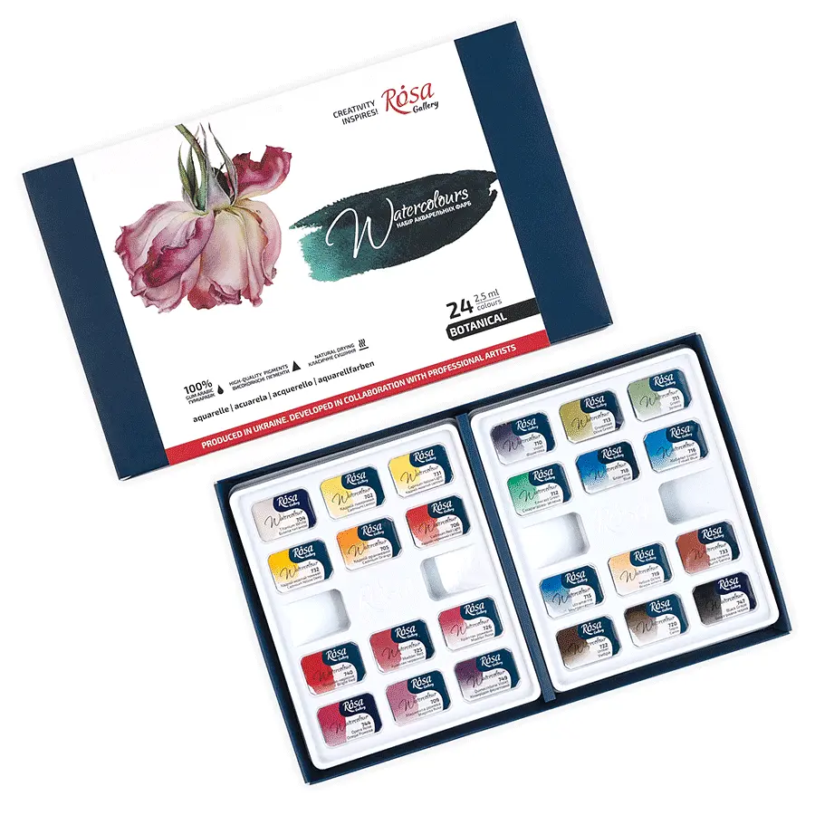 Набір акварельних фарб Botanical, 24х2,5 мл кювета, картонний пенал ROSA Gallery (4823098541134) - фото 2