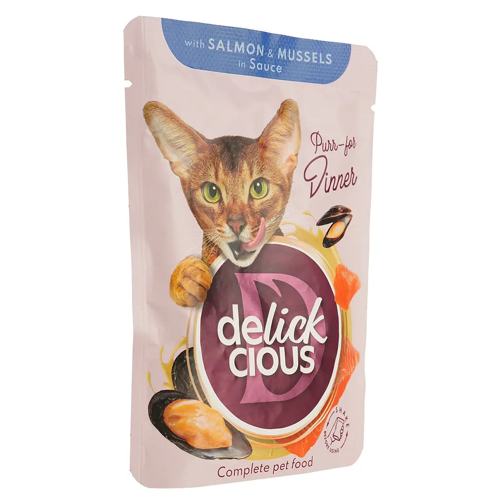 Вологий корм для котів Delickcious шматочки з лососем і мідіями в соусі 85 г - фото 3