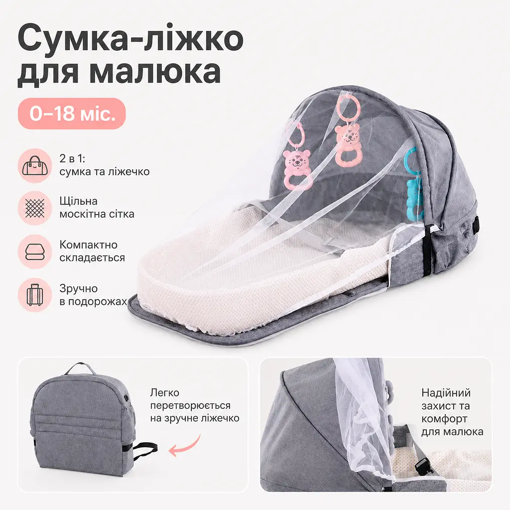 Сумка-люлька для новонароджених 3 в 1 Rudik з матрациком, москітною сіткою й іграшками, сіра - фото 2