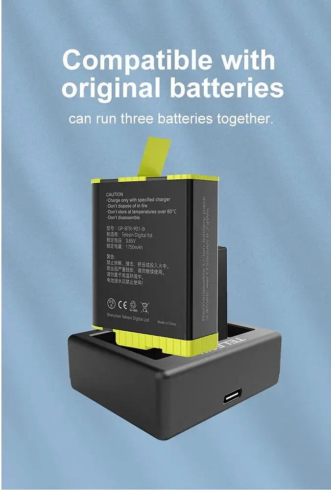 Зарядний пристрій Telesin 3 Slots Battery Charger + 2 акумулятори для Hero 9/10 GP-BTR-903 [76676] - фото 12