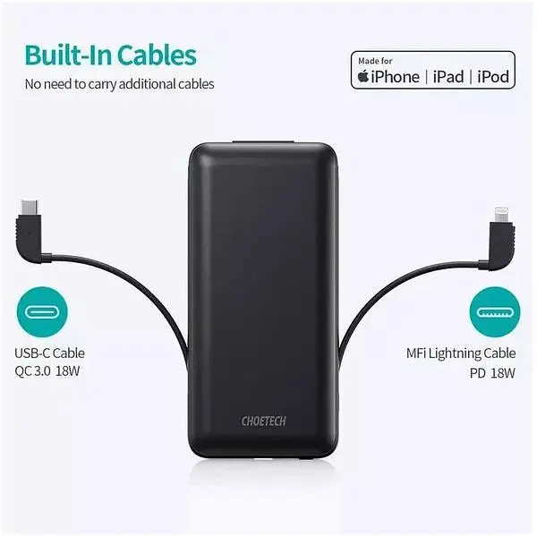 Портативное зарядное устройство Choetech со встроенными кабелями USB-C и Lightning емкостью 10 000 мАч - фото 2