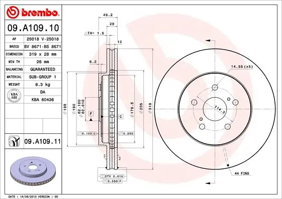 Диск гальмівний передній вентильований Toyota Harrier, Highlander 00-13р Brembo (09.A109.11) - фото 2