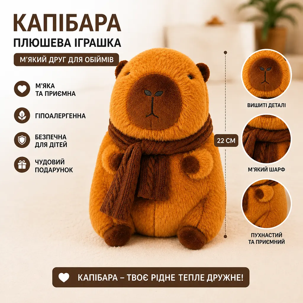 Іграшка плюшева капібара з м'яким шарфом - м'яка іграшка капібара для дітей - подарунок 22 см - фото 3