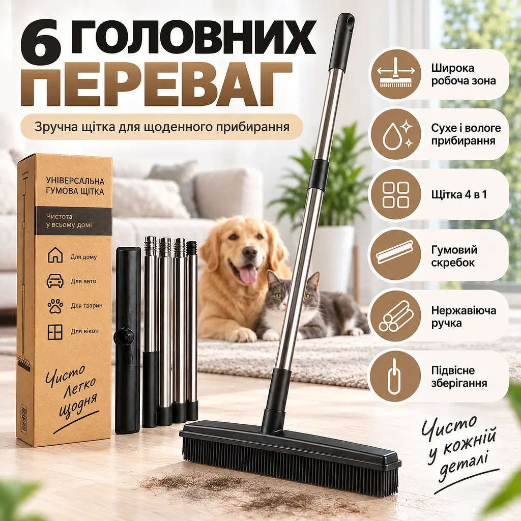 Універсальна гумова щітка-швабра 4 в 1 для підлоги, килимів, шерсті та вікон, ручка з нержавіючої сталі KT9005102 - фото 6