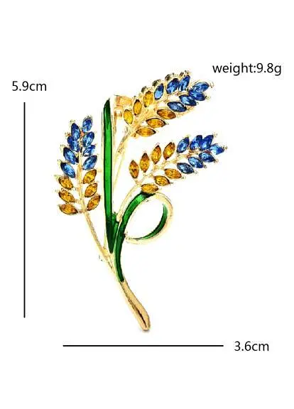 Брошь-булавка колоски пшеницы 5.9 x 3.6 см со стразами Желто-Голубая - фото 2
