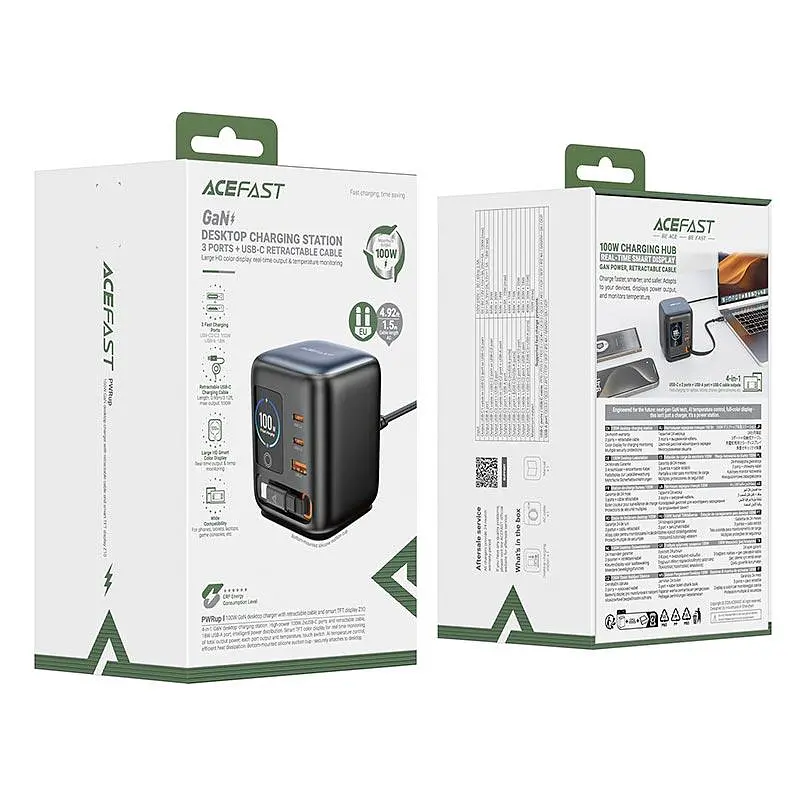 Адаптер мережевий ACEFAST GaN desktop charger with telescopic cable and smart TFT display Z10 1USB/2Type-C,100W/3A, PD/QC - фото 2