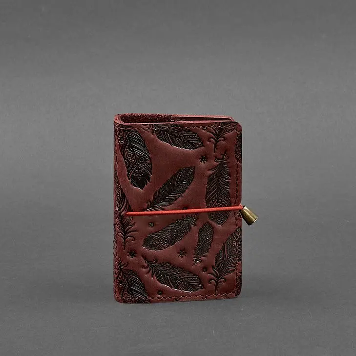 Жіночий шкіряний кард-кейс 7.0 бордовий з пір'ям - фото 6