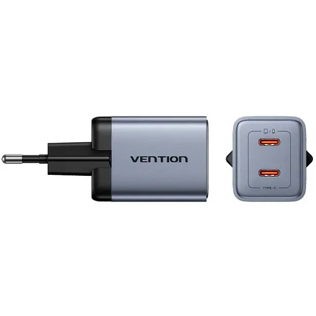 Зарядний пристрій 2xUSB-C 45W PD3.0/QC/GaN + USB-C cable М-М чорний Vention - фото 2