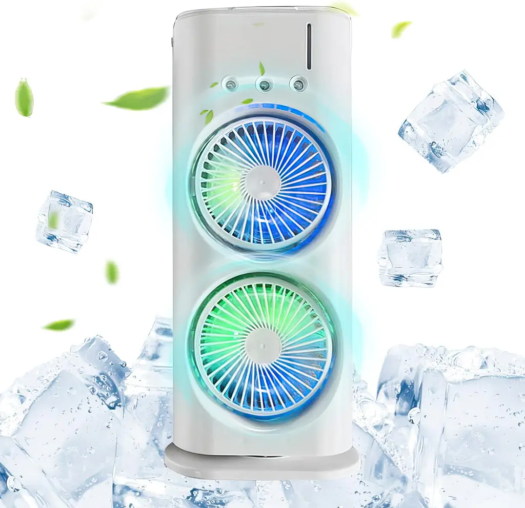 Портативний настільний подвійний вентилятор з охолодженням льодом та RGB LED підсвічуванням акумуляторний переносний поворотний на 180° USB охолоджувач повітря з розпилювачем водного туману Double ended Spray Fan UKC 33276 - фото 4