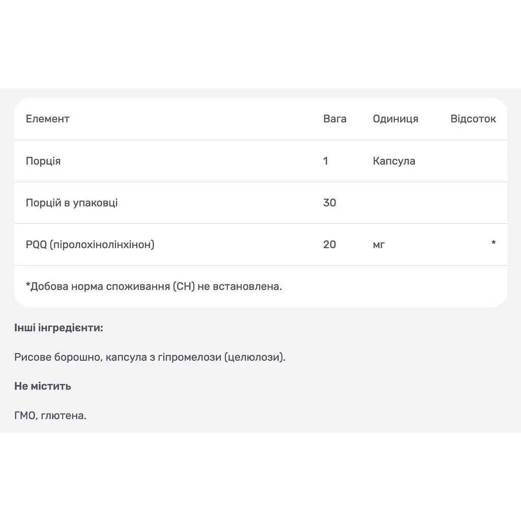 Пірролохінолінхінон PQQ Nutricost 20 мг 30 капсул - фото 4