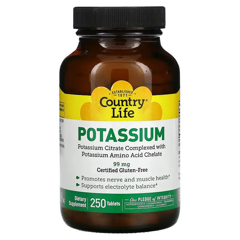 Калій цитрат Country Life Potassium 99 mg, 250 таблеток для підтримка нервів та м'язів