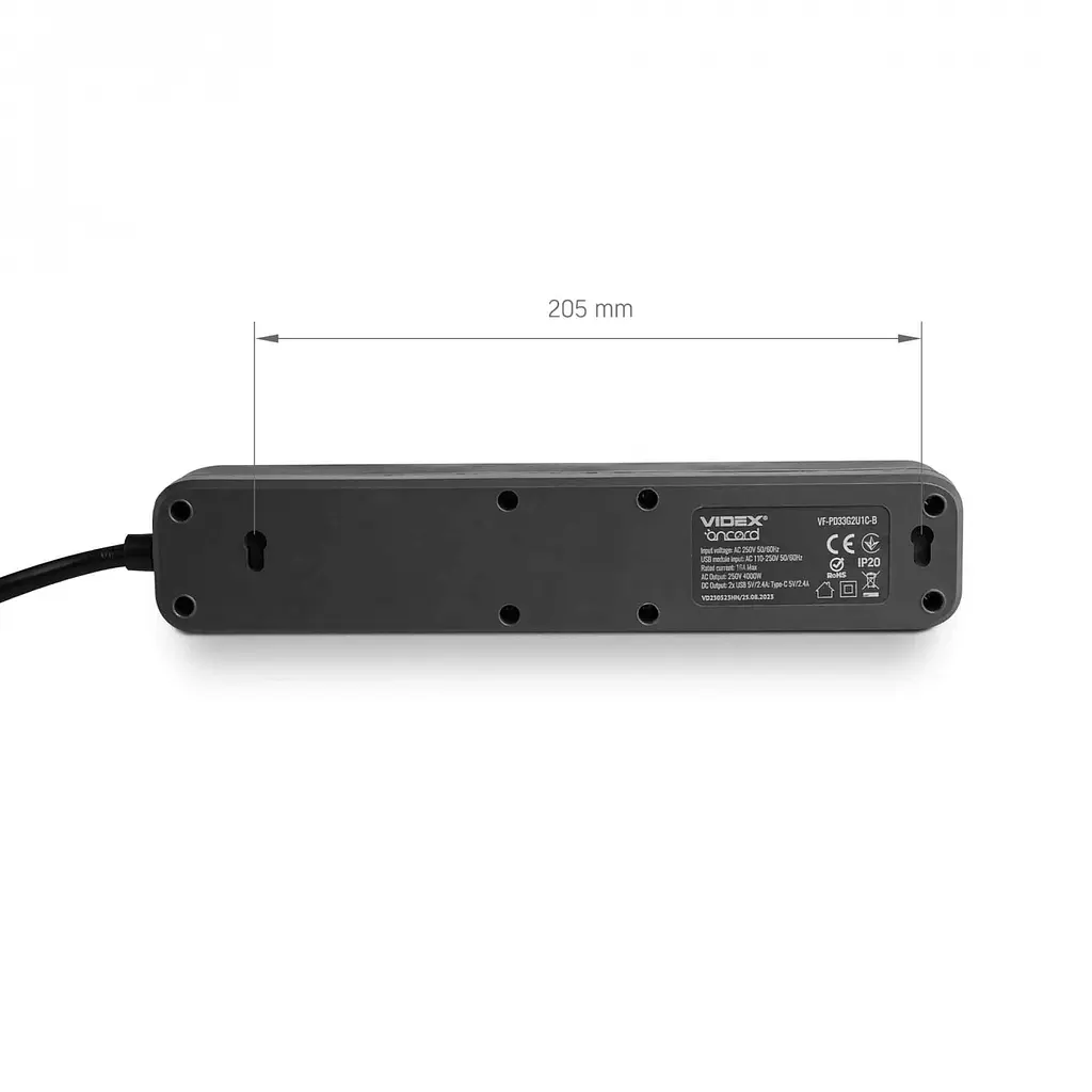 Сетевой удлинитель Videx Oncord з/з 3 п 3 м (3x1.5 мм) 2.4А 2USB+USB-C с кнопкой черный (VF-PD33G2U1C-B) - фото 9