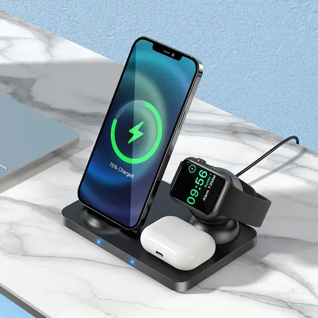 Бездротовий зарядний пристрій Hoco Wisdom 3-in-1 Wireless Fast Charger CW33 Black [62740] - фото 8