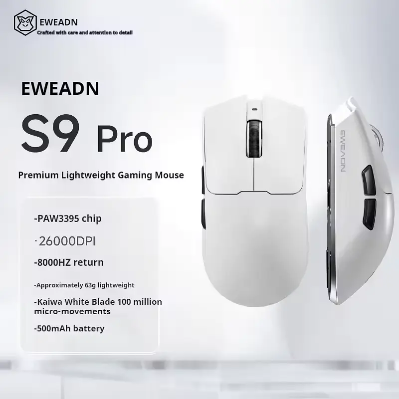 Ігрова бездротова мишка EWEADN S9 Pro / Три режими підключення / Сенсор PAW3395 / 26000 DPI / White - фото 2