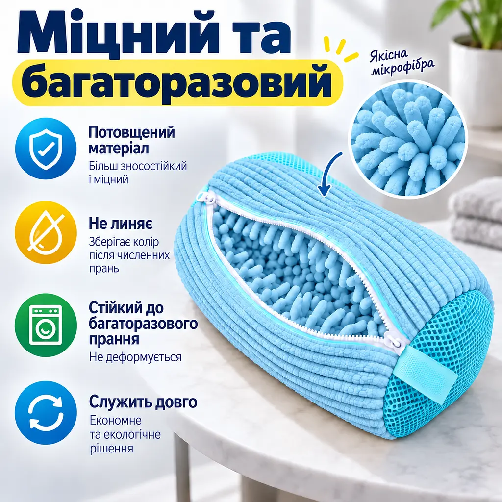 Мішок для прання взуття для пральної машини, багаторазовий, зі щільним мікрофібровим ворсом, 39×19 см KT9003901 - фото 5
