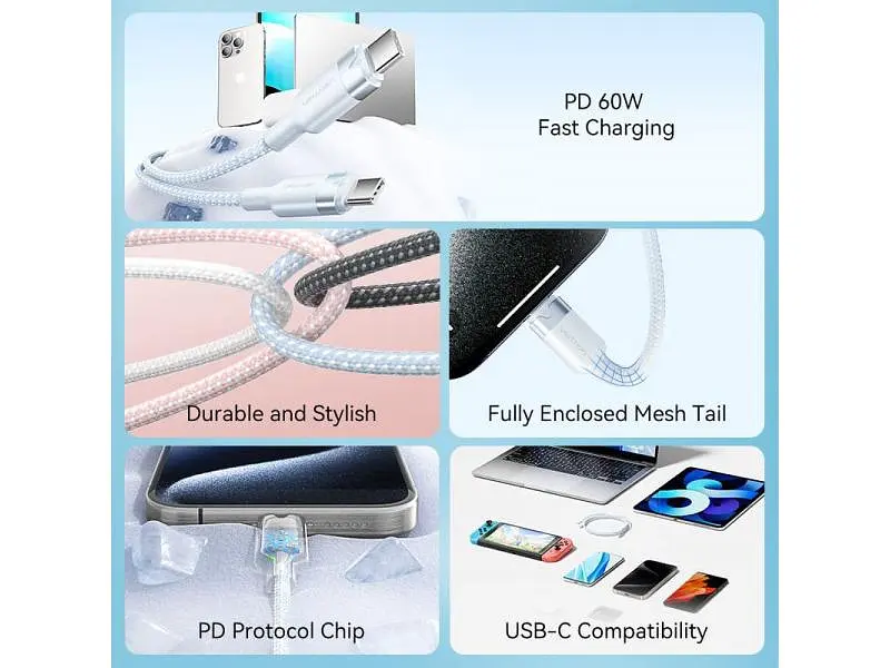 Кабель USB Type-C Vention 60W Type-C / Type-C 1m White (TRDWF) - фото 8