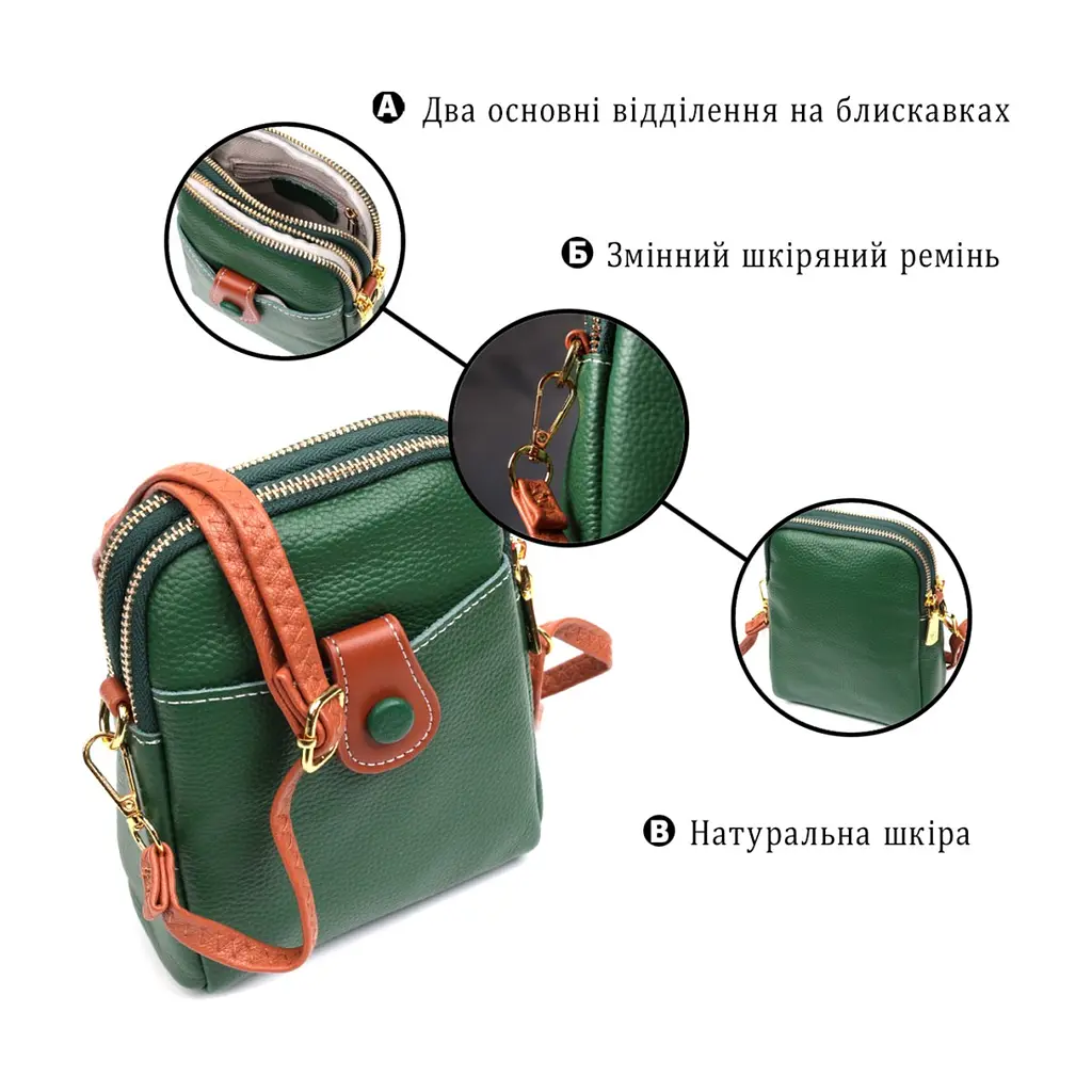 Сумка Vintage Трапеція з натуральної шкіри Зелена (22268) - фото 5