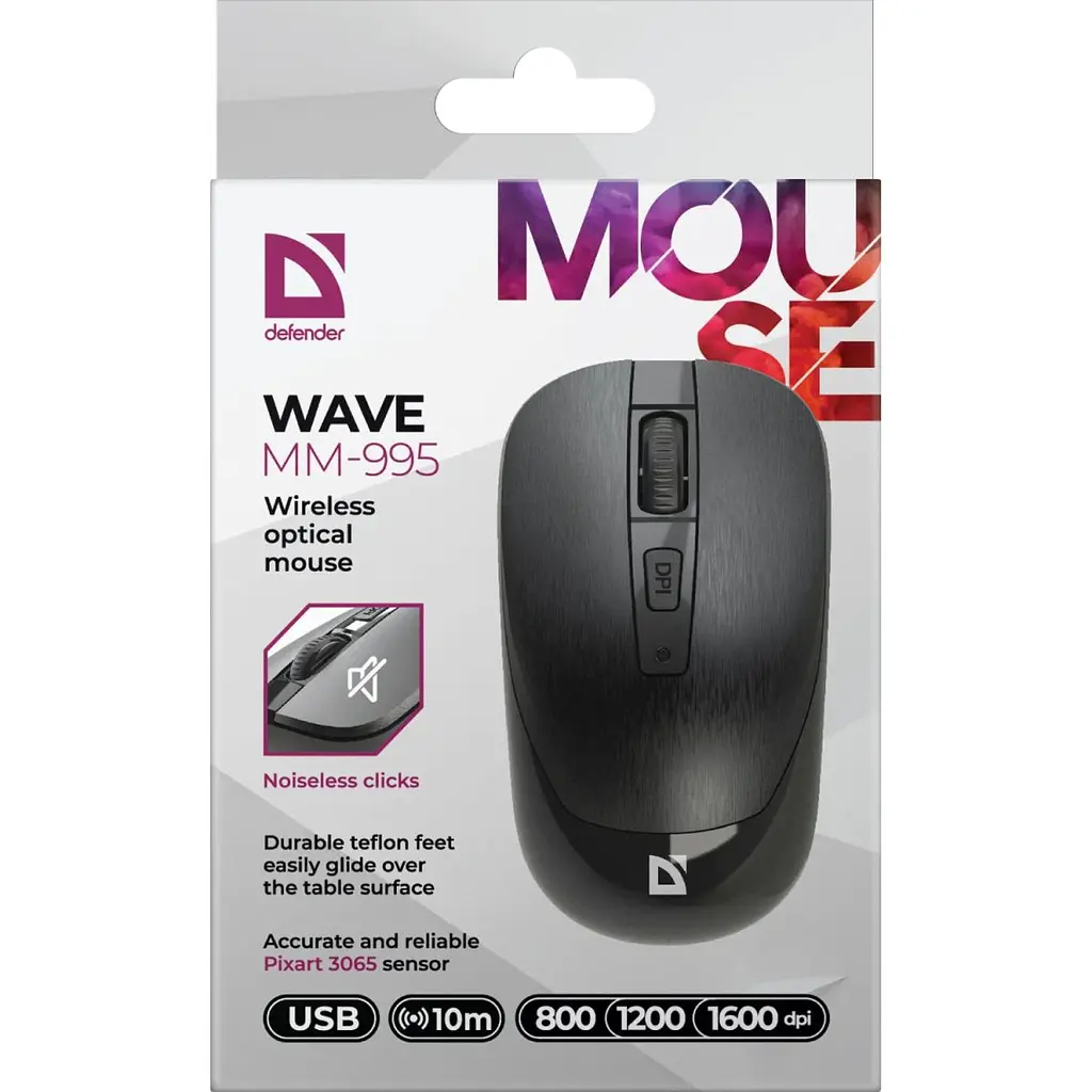 Комп'ютерна мишка Defender Wave MM-995 бездротова 4 кн. до 1600 dpi безшумна чорна (52995) - фото 3