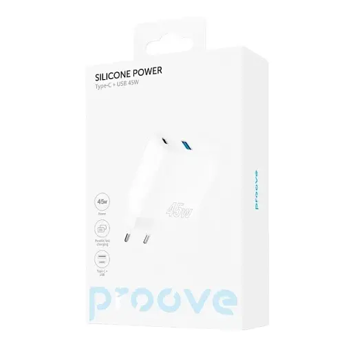 Сетевое зарядное устройство Proove Silicone Power, White, 45 Вт, 1xType-C (25 Вт, PD3.0) / 1xUSB (20 Вт, QC3.0) (WCSP45110002) - фото 2
