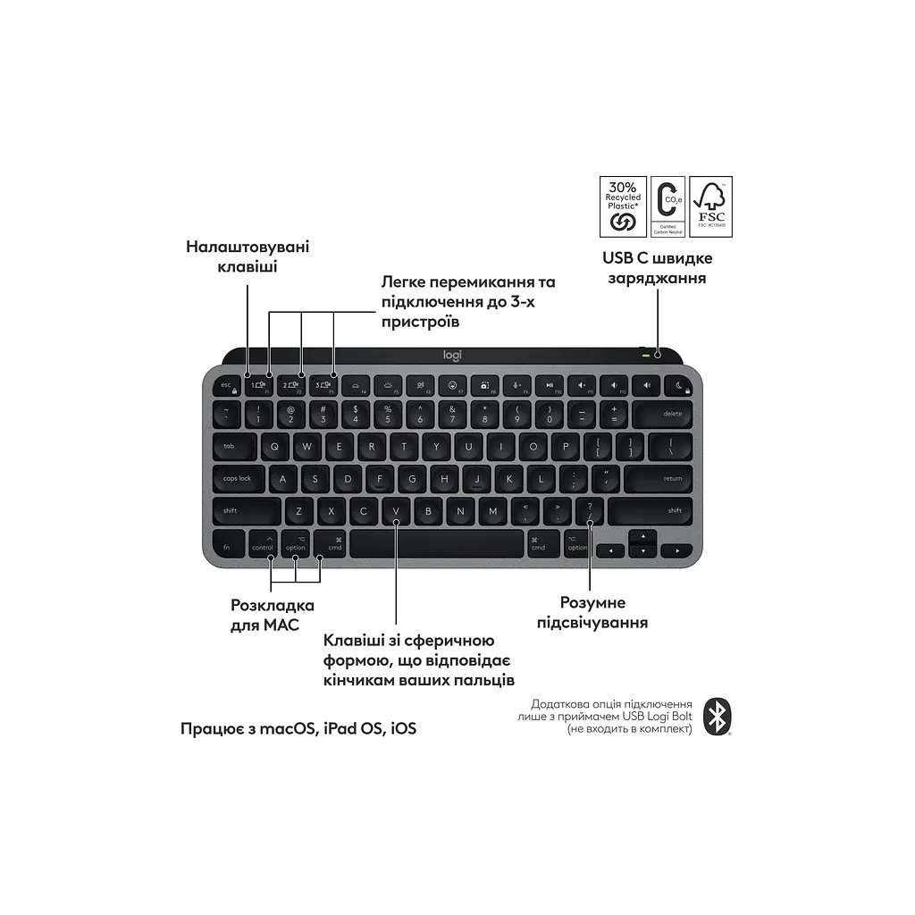 Клавіатура Logitech MX Keys Mini для MAC Wireless UA Space Grey (920-012652) - фото 3