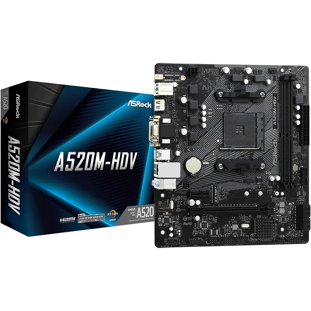 Материнська плата ASRock A520M-HDV (AM4/A520, 2xDDR4, PCIex16, D-Sub/DVI-D/HDMI, 4xSATAІІІ, M.2, GLan, 8ch, mATX) - фото 2