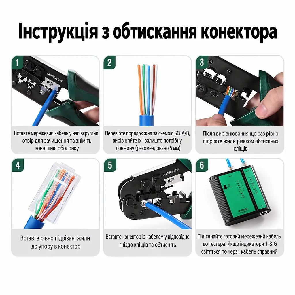Обтискні кліщі UGREEN NW168 кримпер для мережевих і телефонних конекторів 8P/6P з функціями різання та зняття ізоляції діаметр кабелю для зачищення до 10 мм для плоских і круглих кабелів нековзні ручки загартовані леза зі сталі SK5 чорні (10952) - фото 10