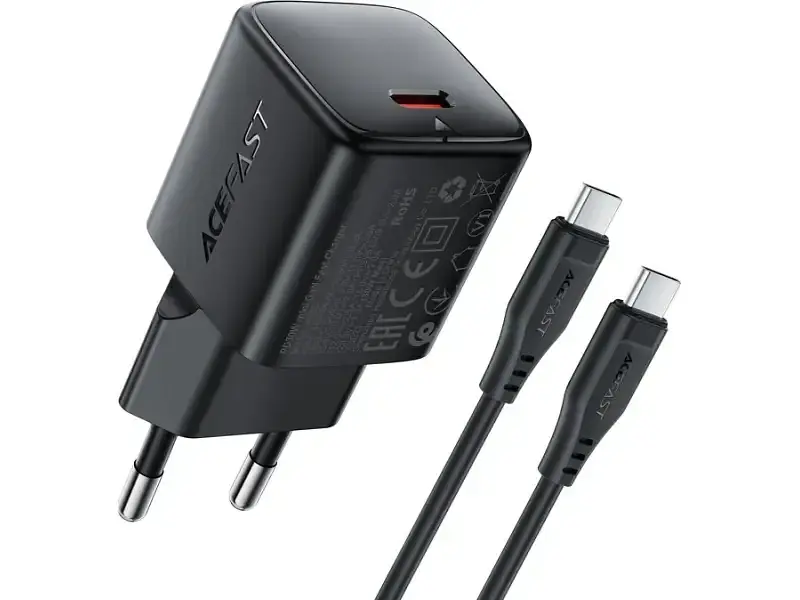 Мережевий зарядний пристрій Acefast A118 Fast Charge Wall Charger GaN 30 W + USB Type-C cable Black (6974316285175)