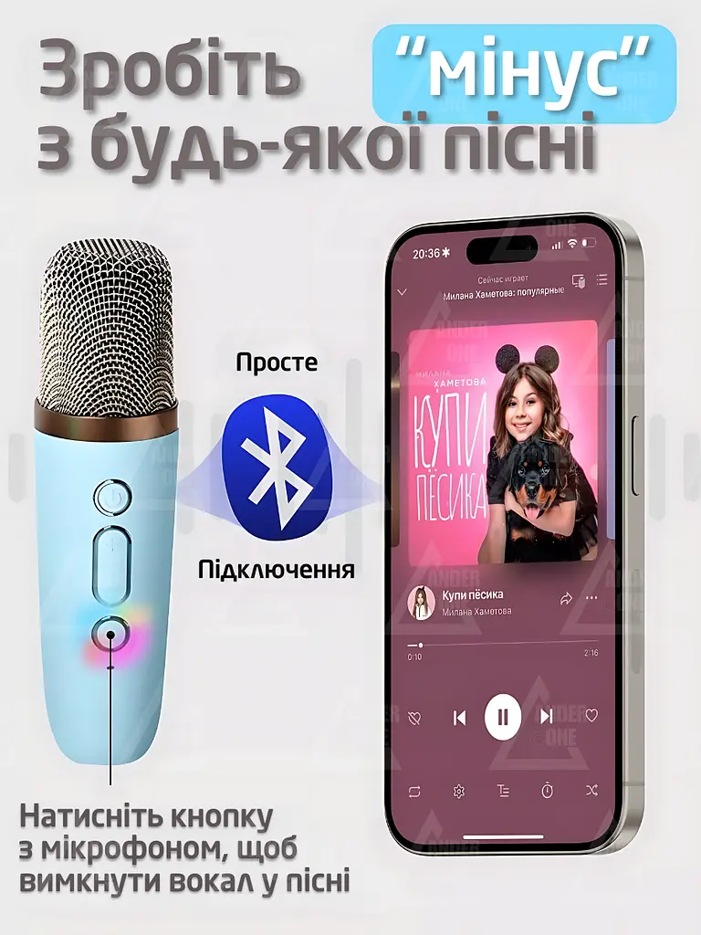 Бездротова колонка караоке з двома мікрофонами RGB підсвічування 5 режимів транслітерації 4 голоси сумісність із 3-ма пристроями 8 - фото 4