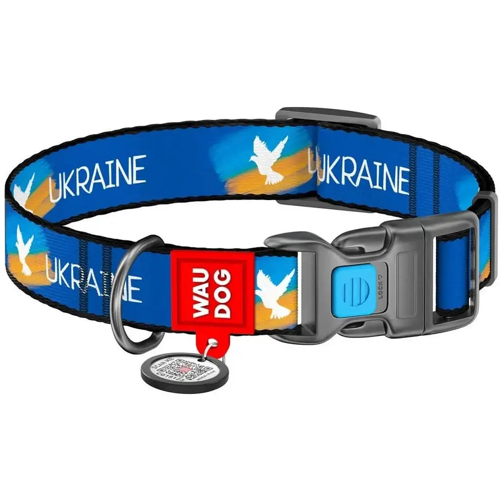Нашийник для собак Waudog Nylon Прапор, з QR паспортом, пластиковый фастекс, M, 24-40х2 см - фото 1