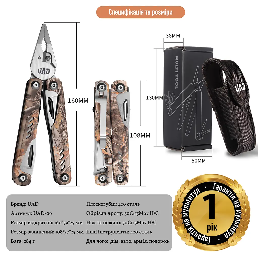Мультитул UAD ForestPro 19 інструментів сталевих мультикам Камуфляж - фото 4