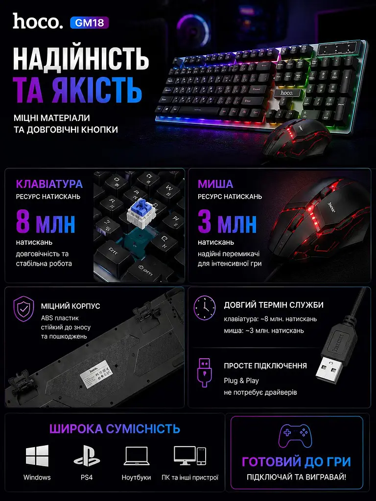 Ігровий комплект дротова мембранна клавіатура з мишею HOCO GM18 двомовна розкладка RU/ENG миша та клавіатура з підсвічуванням RGB набір геймерський для ПК та ноутбука Чорний - фото 6