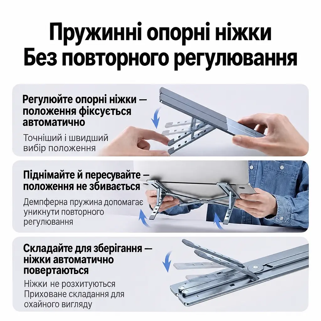 Складная подставка для ноутбука UGREEN LP451 до 17,3″ 5 уровней регулировки высоты высота от 68 до 148 мм с автоматической фиксацией положения с силиконовыми накладками против скольжения и царапин с открытой конструкцией нагрузка до 5 кг также для планшетов до 17,3″ космический серый (90312) - фото 4