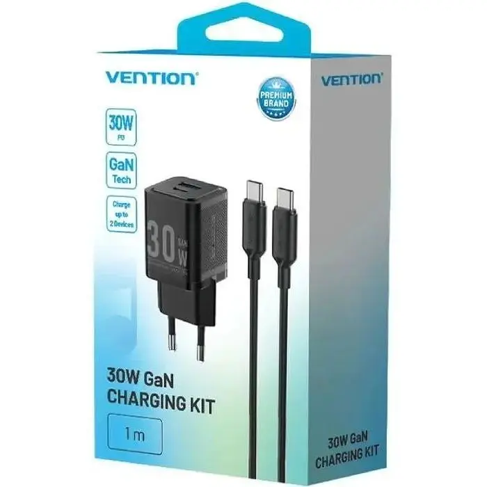 Зарядний пристрій 2xUSB 30W (USB-A/USB-C) + USB-C cable М-М Black Vention (TZ-FEQB0-EU-01) - фото 3