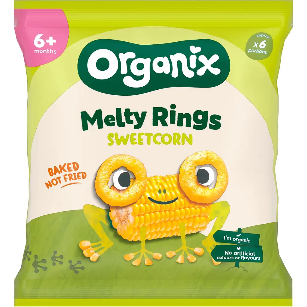 Дитячі кукурудзяні снеки Organix Melty Sweetcorn Rings органічні 20 г
