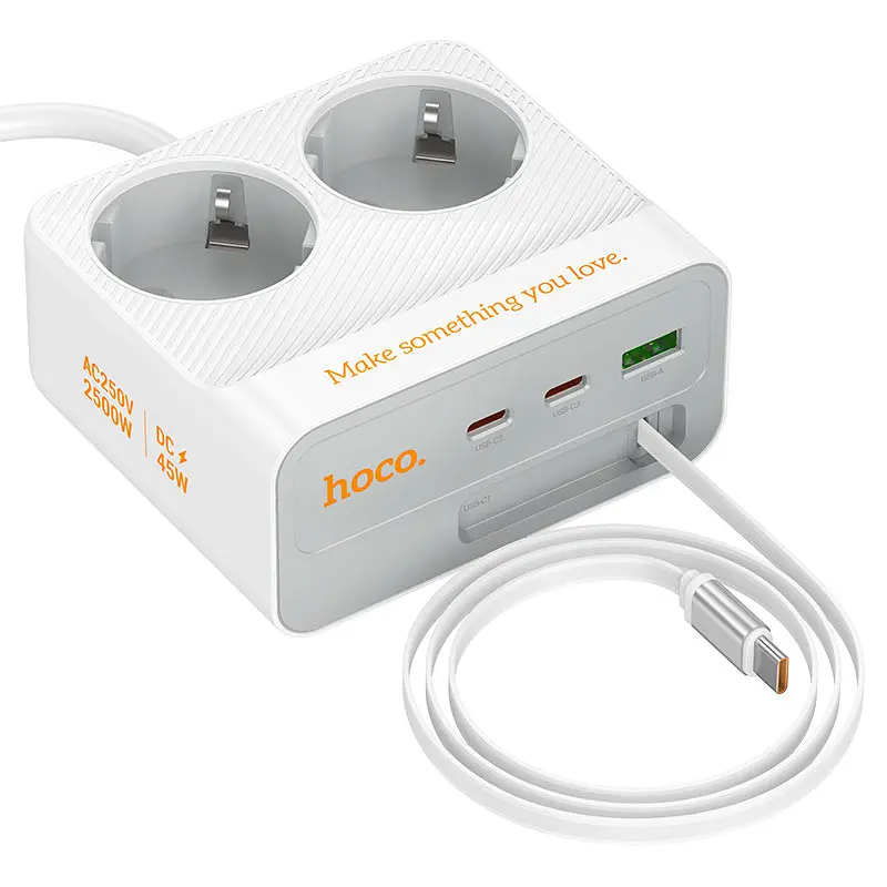 Мережевий фільтр HOCO AC28A на 2 розетки + 1 USB + 3 USB-C, 45W, 220В, кабель 2м, White, Box - фото 3