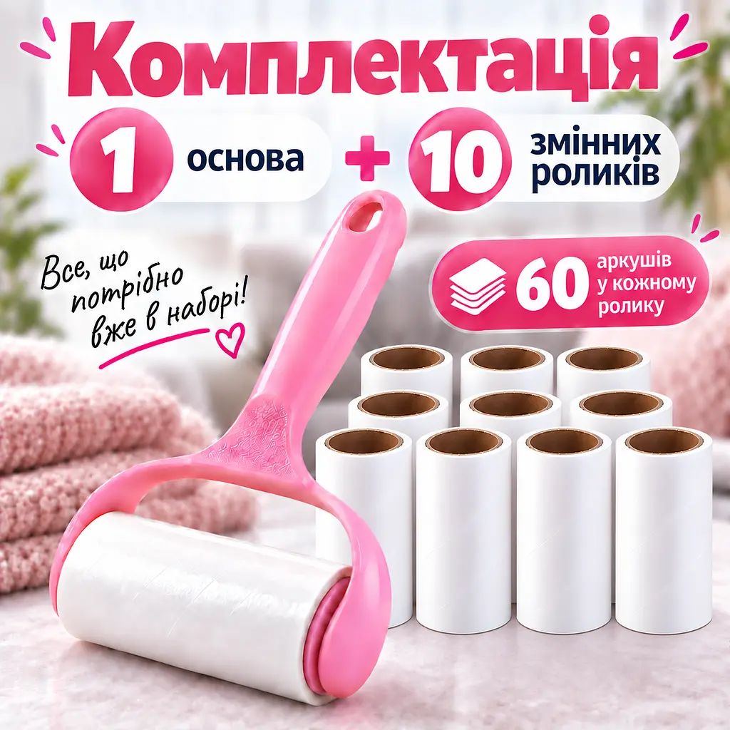 Ролик липучка для чищення одягу від шерсті та ворсу з ручкою + 10 змінних роликів по 60 аркушів KT9004410 - фото 2