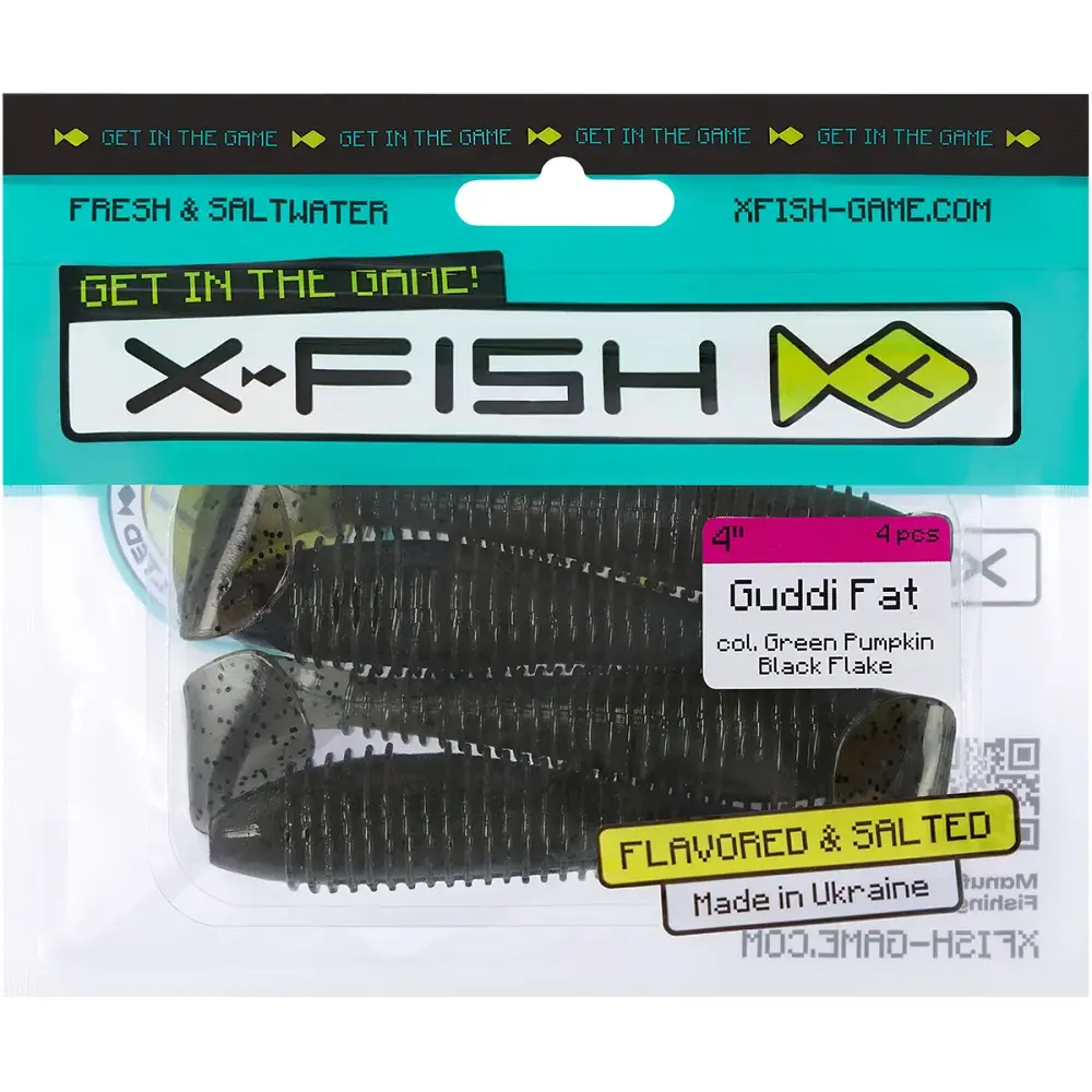 Силікон X-Fish Guddi Fat 4" Green Pumpkin Black Flake (4шт/уп) - фото 2