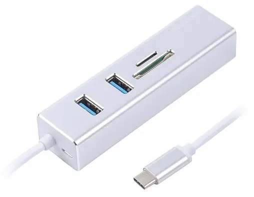 Адаптер Maxxter, Grey, USB Type-С (M)-2*USB 3.0 (F)/RJ-45(F) Gigabit Ethernet 1000 Mbps, microSD/TF card reader, метал (NECH-2P-SD-01) - фото 2