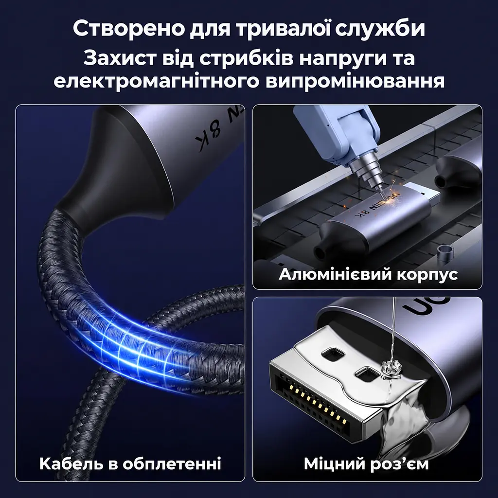 Відеокабель UGREEN CM556 USB-C - DisplayPort 1.4 8K 60 Гц 3 м чорно-сірий (25839) - фото 6