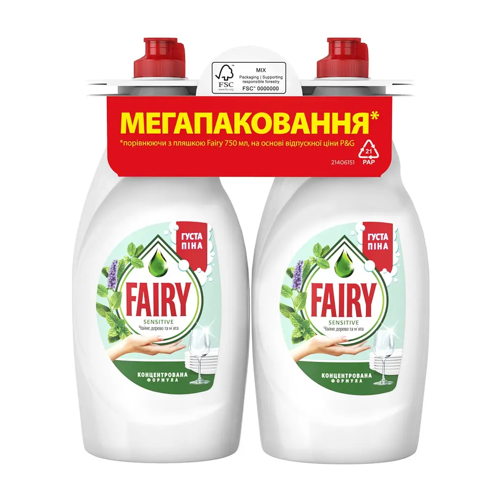 Средство для ручного мытья посуды Fairy Sensitive Чайное дерево и мята 2 х 750 мл (8006530224956)