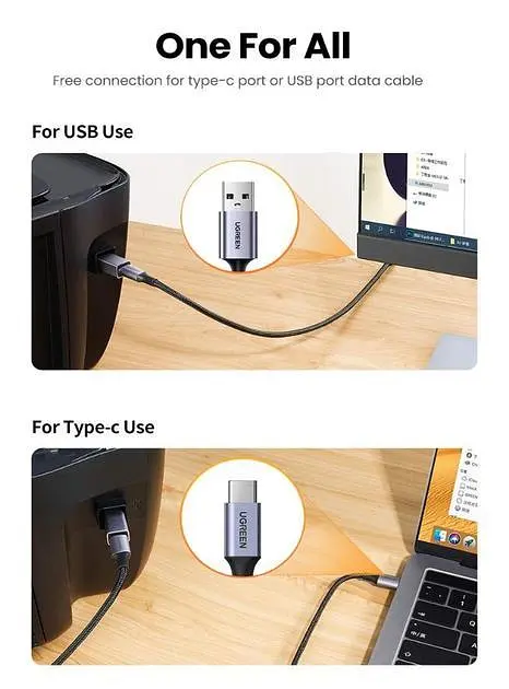 Переходник UGREEN US382 USB C на USB B Printer Adapter для принтера, жесткого диска, док станции, факса Grey - фото 4