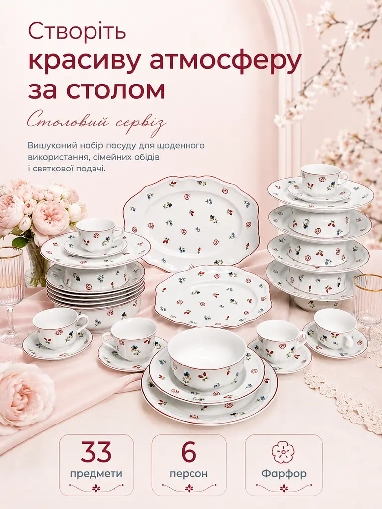 Столовий сервіз із фарфору 33 предмети на 6 персон для сервірування столу кремово-білий з квітковим візерунком (37261976) - фото 9