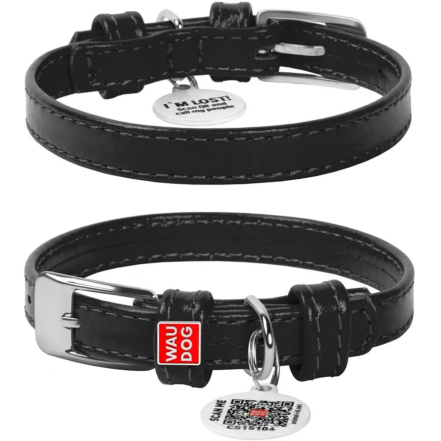 Ошейник для собак Waudog Glamour, кожаный, с QR паспортом, 21-29х1,2 см, черный - фото 2