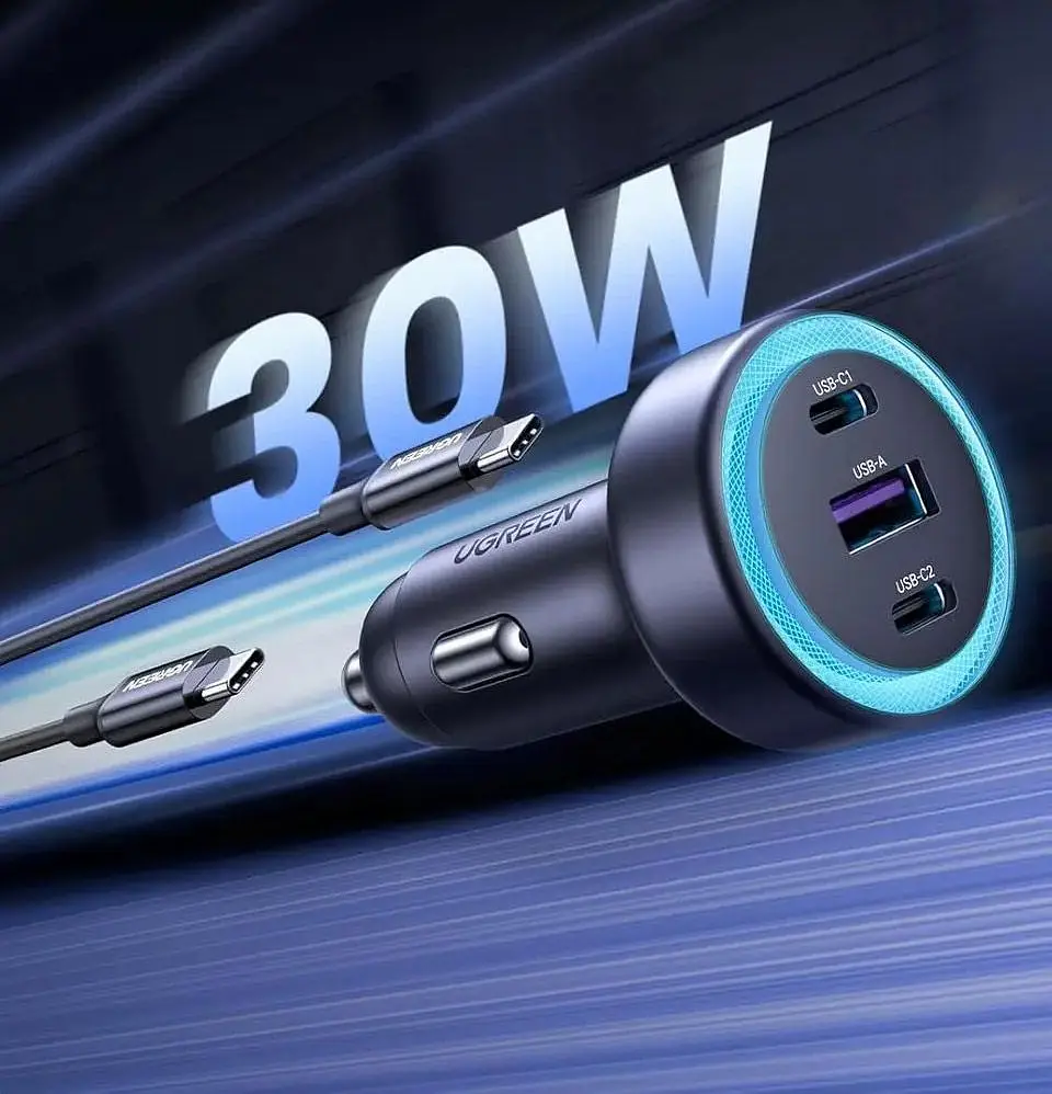 Автозарядка Ugreen 3xUSB 30W (2xUSB-C + USB-A) QC 4.0 Серая (EC307) (45843) - фото 2