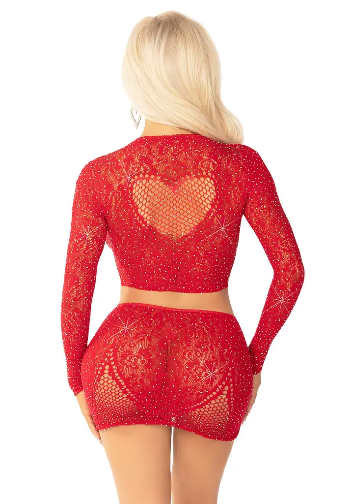 Блискучий комплект кроп-топ і спідниця Leg Avenue Rhinestone One Size, Red, довгий рукав - фото 2