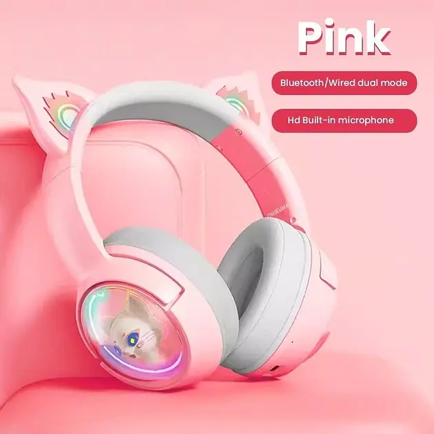 Бездротові ігрові навушники з вушками Onikuma B5 Bluetooth гарнітура з мікрофоном та RGB Pink (19116) - фото 4