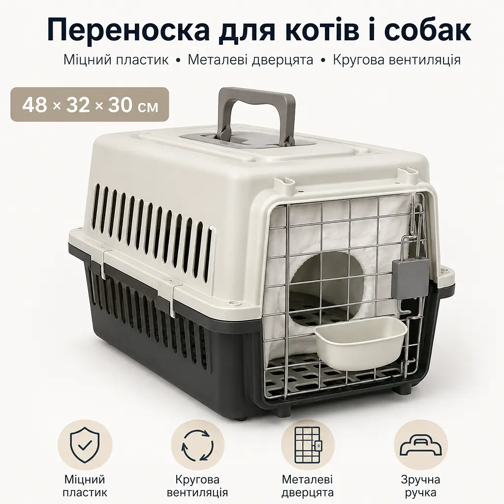 Переноска для котів і собак до 12 кг 48×32×30 - вентильована з комплектом (підвісна миска тавнутрішнім вкладишем) KT8002011 - фото 7