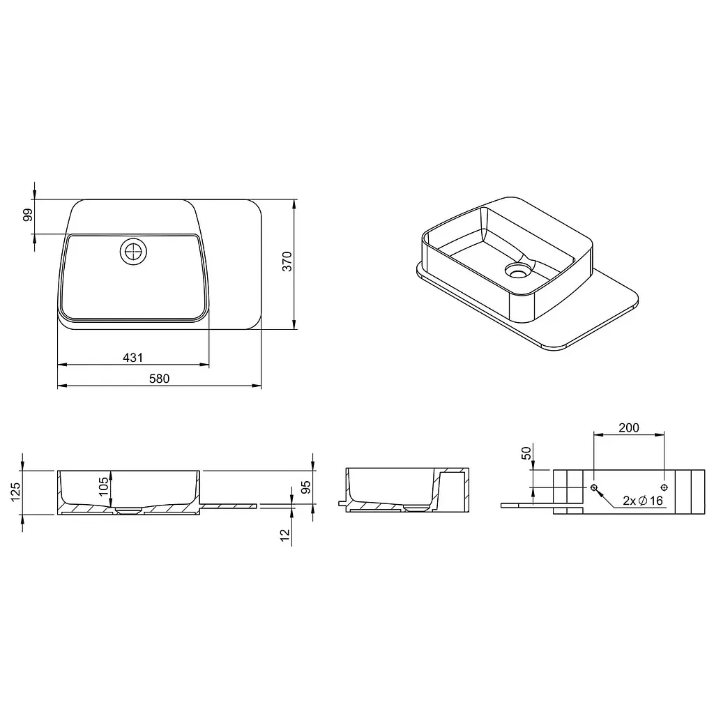 Раковина підвісний Volle Solid Surface з поличкою з каменю 58x37x12,5 см білий/soft touch 13-40-415, Білий - фото 2